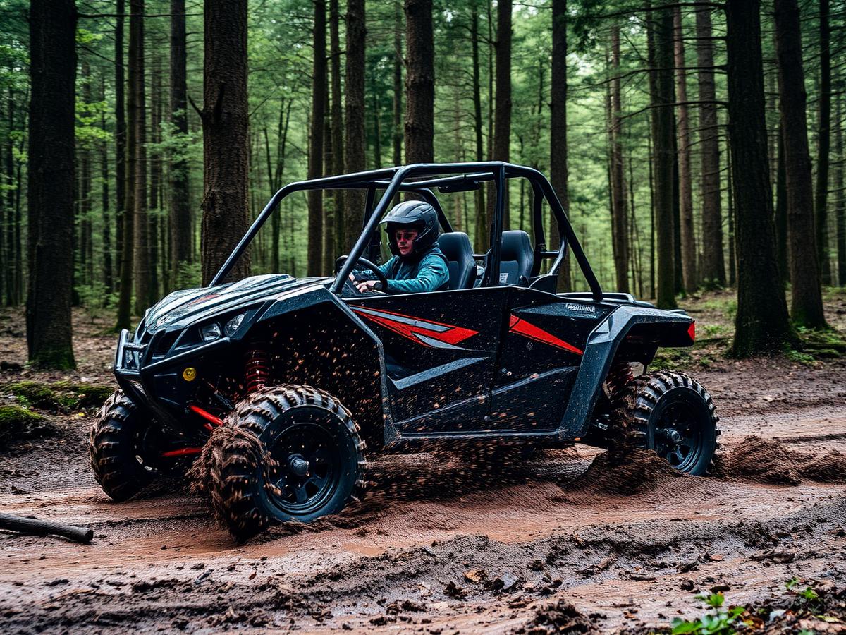 Yamaha UTV racing through a muddy forest trail